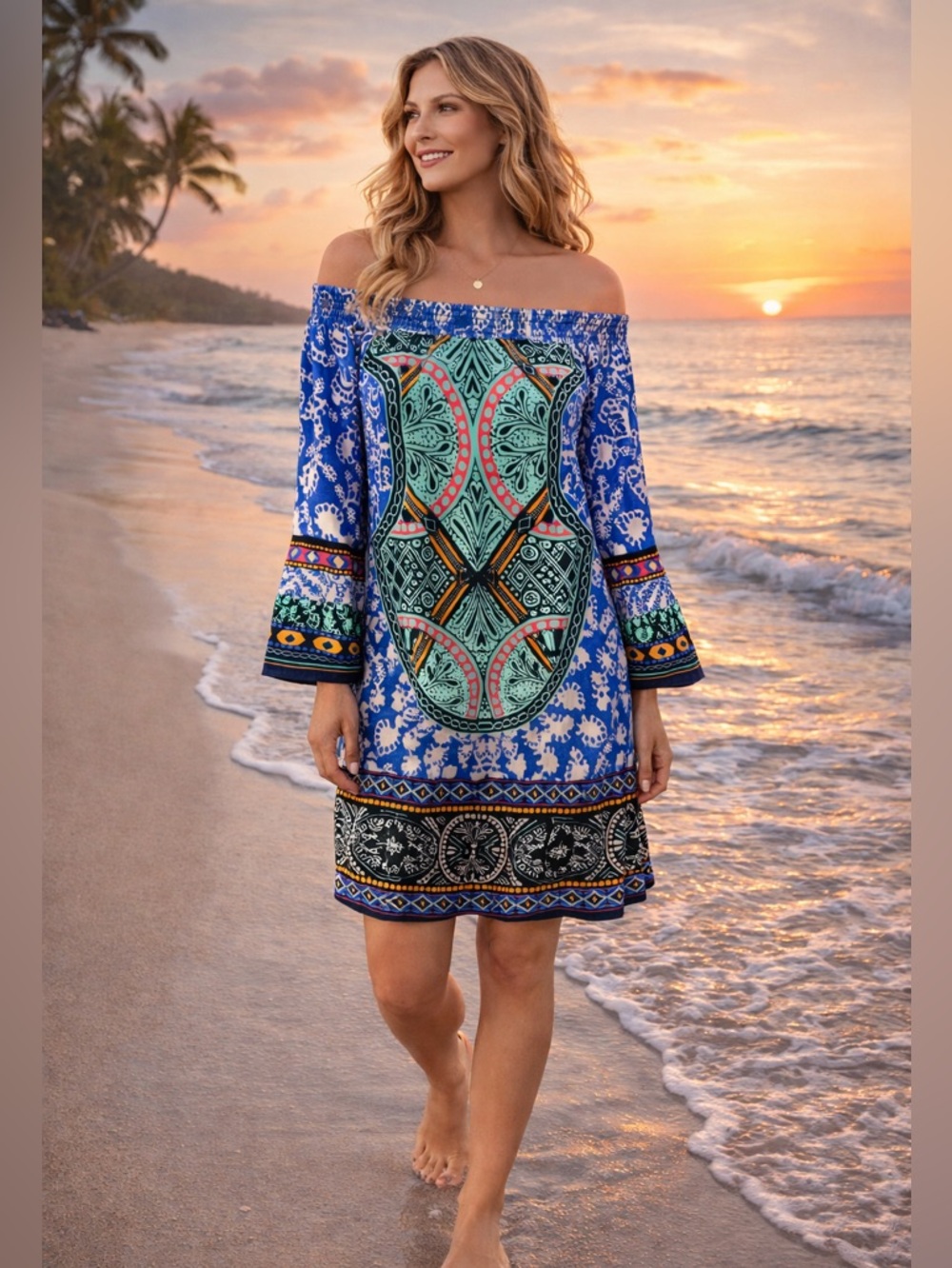 Boho Off Shoulder Shift Dress Blue Pink Tribal Print Bell Sleeve Lined Small